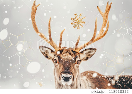 Majestic Stylized Reindeer with Gold Geometric Antlers Amid Falling Snowflakes - Playful Wink Close-up 118918332