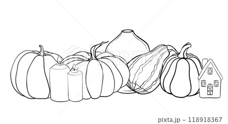 Linear sketch of a pumpkin composition. Autumn Vector illustration painted by black inks. Contour Linear drawing fall vegetables on isolated. Engraving for designs fall harvest and Thanksgiving day Linear sketch of a pumpkin composition. Autumn Vector illustration painted by black inks. Contour Linear drawing fall vegetables on isolated. Engraving for designs fall harvest and Thanksgiving day 118918367