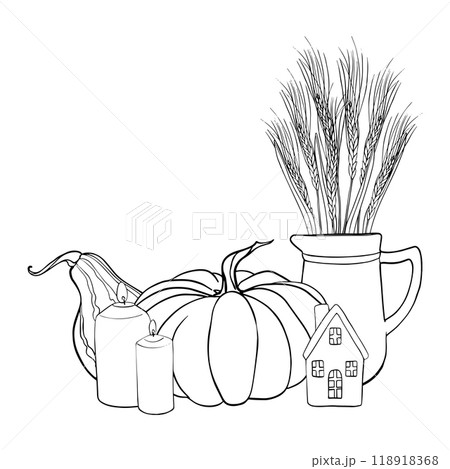 Linear sketch of a pumpkin composition and Wheat Ears in the Jug. Autumn illustration vegetables painted by black inks. Contour Linear drawing. Engraving for designs fall harvest and Thanksgiving day Linear sketch of a pumpkin composition and Wheat Ears in the Jug. Autumn illustration vegetables painted by black inks. Contour Linear drawing. Engraving for designs fall harvest and Thanksgiving day 118918368