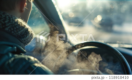 Car's Overheated Radiator with Steam and Frantic Phone-Checking Figure in Background 118918410