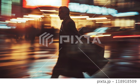 Elegant Man in Tailored Suit Walking Among Blurred City Lights 118918509