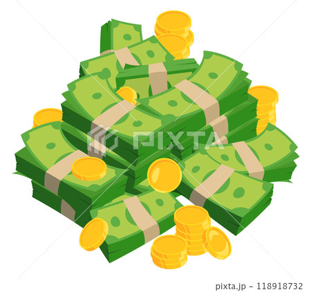 Money heap. Golden coins and dollars. Cartoon cash 118918732