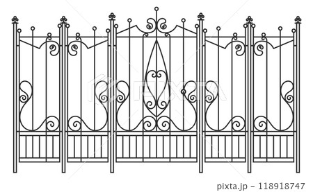 Vintage ornate railing. Forged iron decorative fence Vintage ornate railing. Forged iron decorative fence 118918747