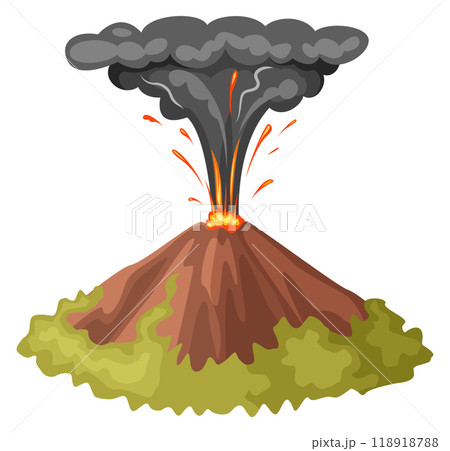 Volcano explosion cartoon icon. Hot lava and black smoke effect 118918788