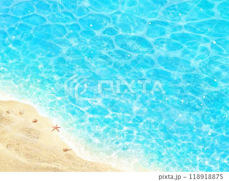 砂浜の波打ち際にヒトデや貝殻と海のゆらめく波の美しい背景素材 砂浜の波打ち際にヒトデや貝殻と海のゆらめく波の美しい背景素材 118918875