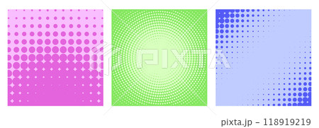 Colorful geometric halftone patterns in pink, green, and blue arranged in three square panels. Vector illustration Colorful geometric halftone patterns in pink, green, and blue arranged in three square panels. Vector illustration 118919219