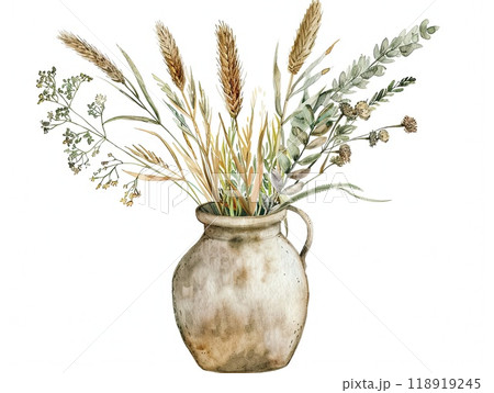 The pottery vase displays a beautiful arrangement of dried wildflowers and grasses, adding a touch of nature and rustic charm to a cozy indoor space. 118919245