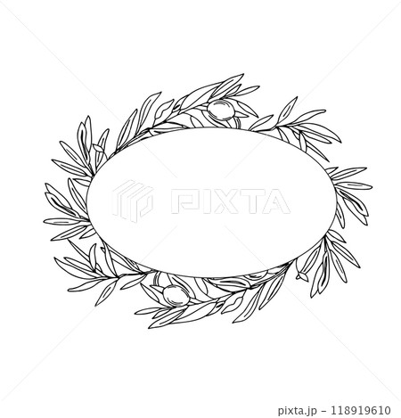 Olive Oval Frame, Wreath with Olive Branches and Fruits isolated on white background. Ink vector illustration For Logos, Wedding Invitations, Save the date and greeting cards. 118919610
