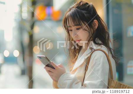 困惑の表情が印象的、スマホを見つめる女性 118919712