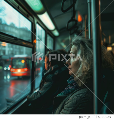 A woman looks thoughtfully out the bus window, rain on the glass, as the busy city life unfolds outside during an evening commute. 118920085