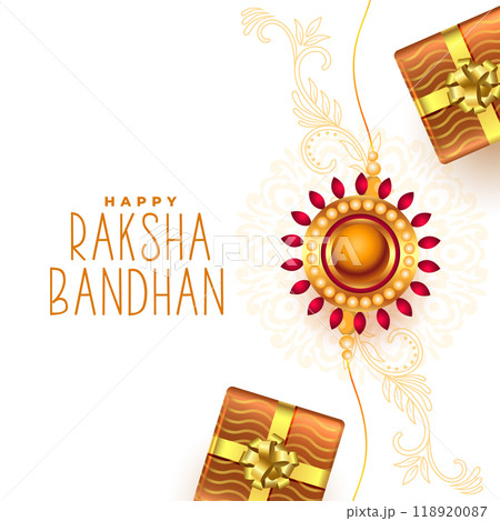 happy raksha bandhan wishes card template with gift hamper design 118920087