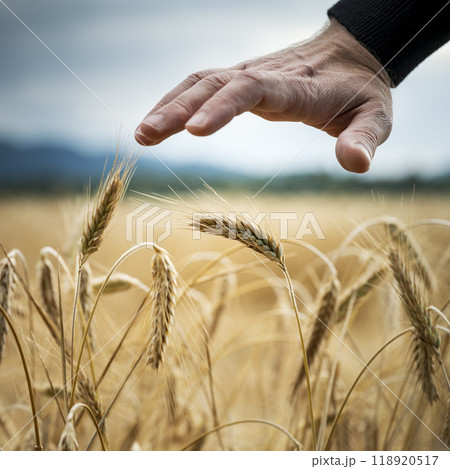 Closeup view of male hand making a protective gesture above golden ripening ears of wheat growing in the field 118920517