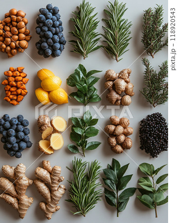 A variety of fruits and vegetables are displayed in a pattern on a table 118920543