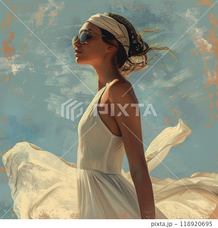 A woman stands confidently in a flowing white dress, her hair gently blowing in the wind, as she gazes towards the horizon. The bright blue sky serves as a perfect backdrop for the moment. A woman stands confidently in a flowing white dress, her hair gently blowing in the wind, as she gazes towards the horizon. The bright blue sky serves as a perfect backdrop for the moment. 118920695