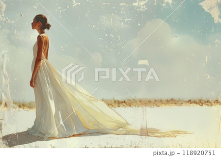 A graceful woman wears a long, ethereal white dress as she stands on a bright beach, gazing into the distance under a clear blue sky. 118920751