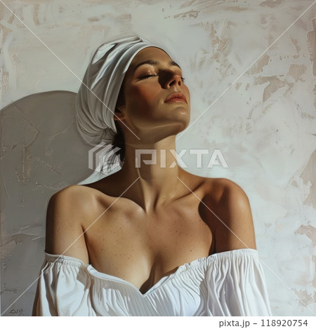A woman is captured in a moment of tranquility with her eyes closed and head tilted back, emanating calmness as soft light highlights her features against a neutral backdrop. 118920754