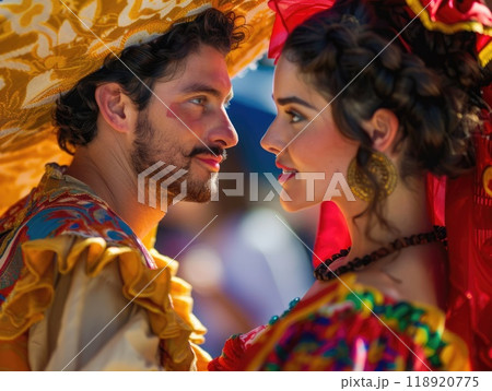 A man and a woman in colorful traditional costumes gaze affectionately at each other during a lively cultural festival, surrounded by festive decorations and a joyful atmosphere. 118920775