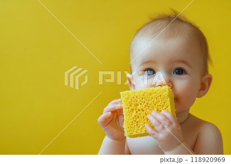 A curious baby explores a yellow sponge against a bright yellow background 118920969