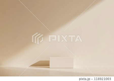 A minimalist composition showcasing a plain white block casting a shadow on a softly lit beige wall A minimalist composition showcasing a plain white block casting a shadow on a softly lit beige wall 118921003