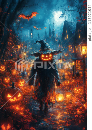 Halloween scarecrow surrounded by glowing pumpkins in a haunted village. AI Generative 118921034