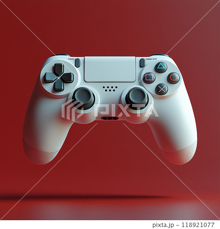 A white Playstation controller is suspended in midair on a red background 118921077