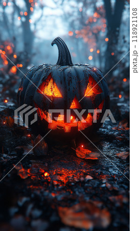 Eerie Jack-o'-lantern glowing in a dark, haunted forest. Perfect for Halloween themes. AI Generative 118921108