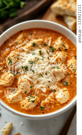 A bowl of chicken soup with cheese and parsley 118921211