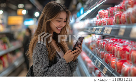A woman is shopping in a store and looking at her phone 118921212