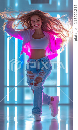 A woman with long hair is dancing in a neon room 118921213