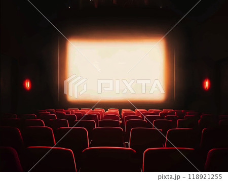 A movie theater with empty seats and a large screen 118921255