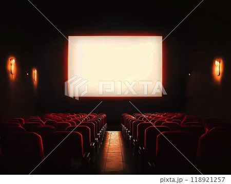 A movie theater with empty seats and a large screen 118921257