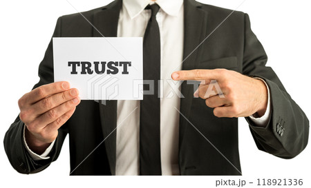 Business man holding a white card saying Trust 118921336