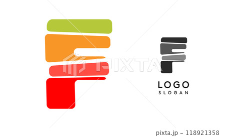 Bright colorful letter F, layers blocks like sandwich, stone balancing or rock stacking. Modern cartoon monogram for kid joyful book, fun logo. Vector illustration Bright colorful letter F, layers blocks like sandwich, stone balancing or rock stacking. Modern cartoon monogram for kid joyful book, fun logo. Vector illustration 118921358