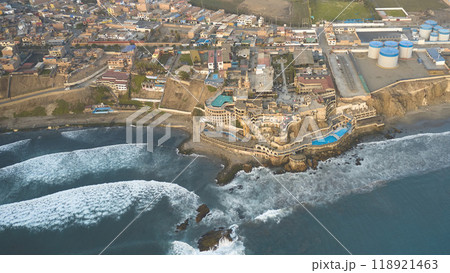 Aerial view of the Chancay tourist castle, entertainment and tourism center. Chacay Lima, Peru. 118921463