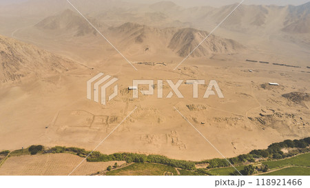 Aerial view to Ruins of Caral, oldest city in America, Unesco World Heritage Site, Rio Supe Valley, Peru 118921466
