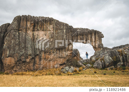 The sky is cloudy and the grass is dry, Huayllay Stone Forest, Peru. 118921486