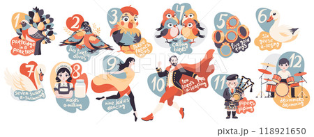 The twelve days of Christmas. English Christmas carol. Vector isolated illustration 118921650