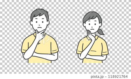 Upper body illustration of a male and female caregiver worried with their hands on their face Upper body illustration of a male and female caregiver worried with their hands on their face 118921764
