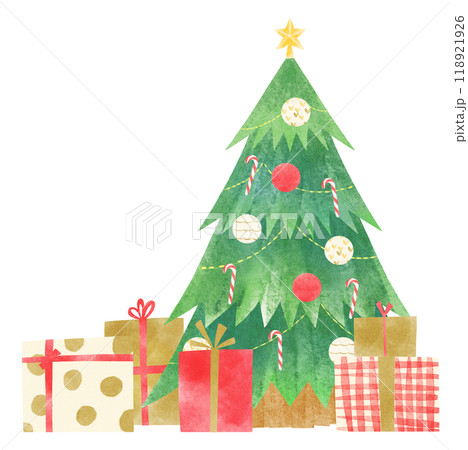 クリスマスツリーとプレゼントボックス 水彩タッチ クリスマスツリーとプレゼントボックス 水彩タッチ 118921926