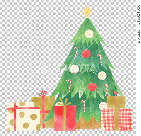 クリスマスツリーとプレゼントボックス 水彩タッチ クリスマスツリーとプレゼントボックス 水彩タッチ 118921926