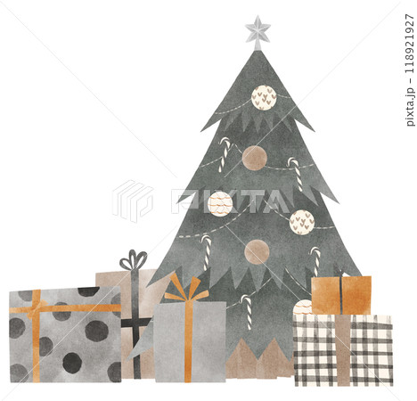 モノトーンのクリスマスツリーとプレゼントボックス 水彩タッチ モノトーンのクリスマスツリーとプレゼントボックス 水彩タッチ 118921927