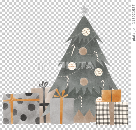 モノトーンのクリスマスツリーとプレゼントボックス 水彩タッチ モノトーンのクリスマスツリーとプレゼントボックス 水彩タッチ 118921927