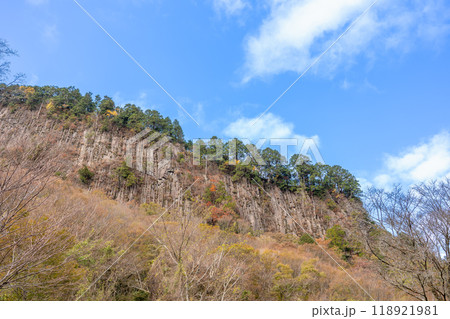 奈良県宇陀郡曽爾村の柱状節理の岩壁がそびえる秋の屏風岩 118921981