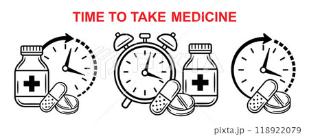 Medicine time, medical pill take hour timetable, medication day schedule line icon set. Alarm clock timer. Pharmacy medicinal tablet, vitamin capsule dose. Health medicament. Disease treatment vector Medicine time, medical pill take hour timetable, medication day schedule line icon set. Alarm clock timer. Pharmacy medicinal tablet, vitamin capsule dose. Health medicament. Disease treatment vector 118922079