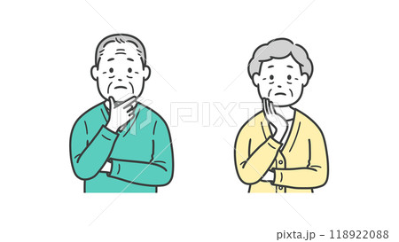 顔に手を当てて悩む高齢者男女の上半身イラスト 118922088