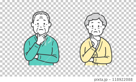 顔に手を当てて悩む高齢者男女の上半身イラスト 118922088