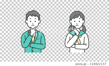 Illustration of the upper body of a male and female student worried with their hands on their face Illustration of the upper body of a male and female student worried with their hands on their face 118922137