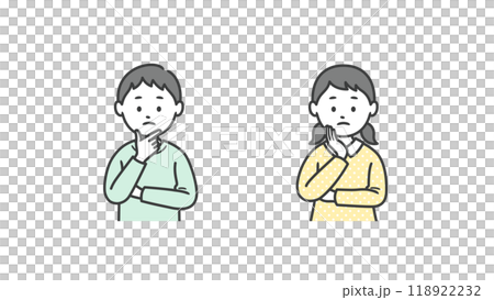 Illustration of an upper body of a boy and girl worried with their hands on their face 118922232
