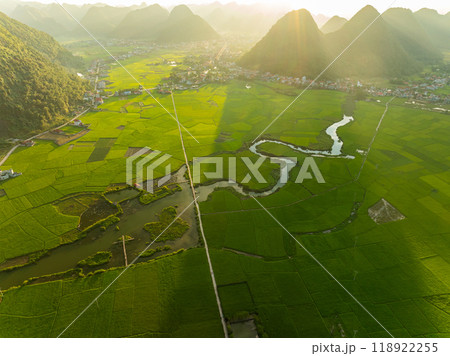 Amazing landscape nature view Rice fields and mountains in Bac Son valley, Lang Son,Northern Vietnam, Seen from above, High angle view Amazing landscape nature view Rice fields and mountains in Bac Son valley, Lang Son,Northern Vietnam, Seen from above, High angle view 118922255
