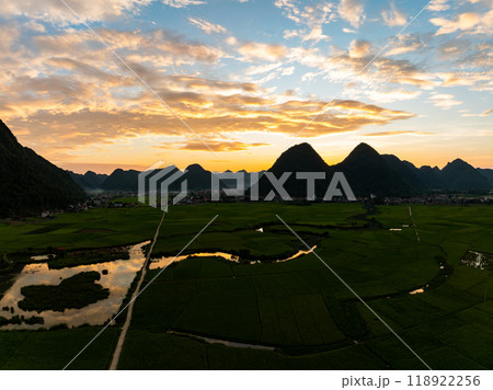 Drone aerial view of landscape mountains view in summer season,High angle view over countryside at northern Vietnam 118922256